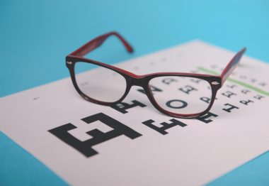 Zoom sur des lunettes de vue et un test ophtalmologique