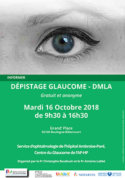 Affiche de la journée de dépistage du glaucome et de la DMLA proposé par l'UNADEV à Boulogne Billancourt